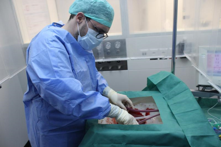 Ein Chirurg schließt die Spenderleber an die Perfusionsmaschine an. Foto: USZ