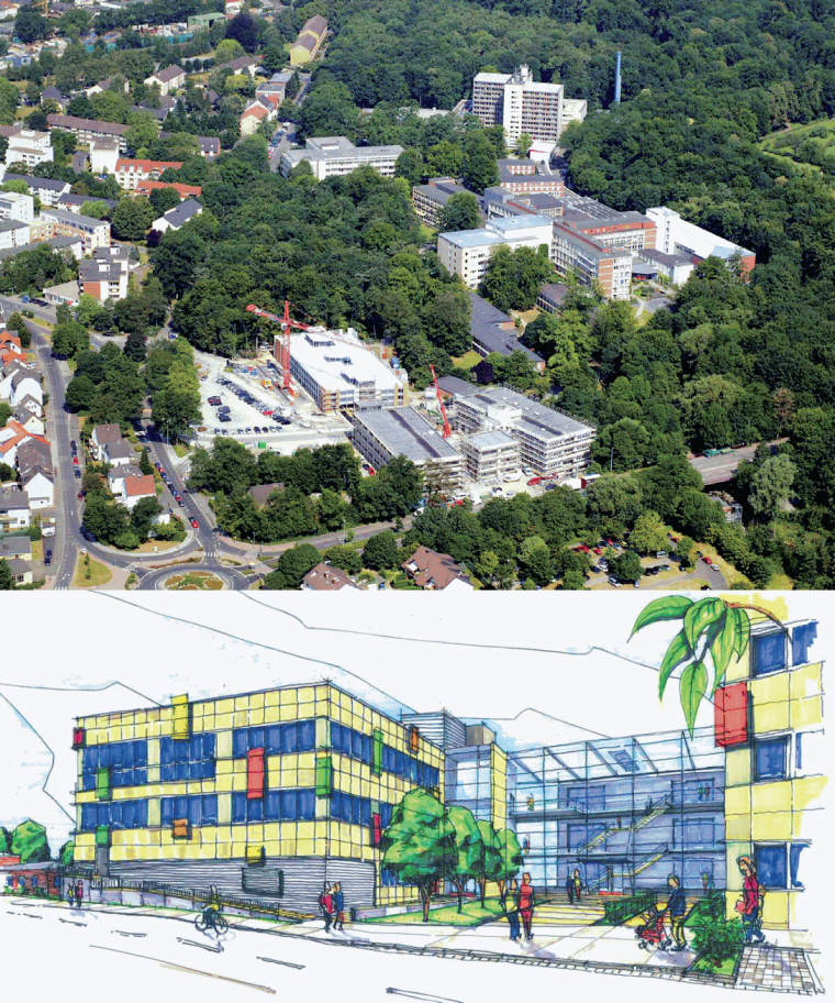 (oben) Luftbild des Klinikums Leverkusen (unten) Vorderansicht MEDILEV,...