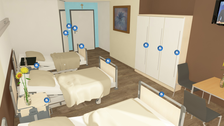 Reinigungspunkte im Patientenzimmer markieren den Reinigungsweg und machen den...