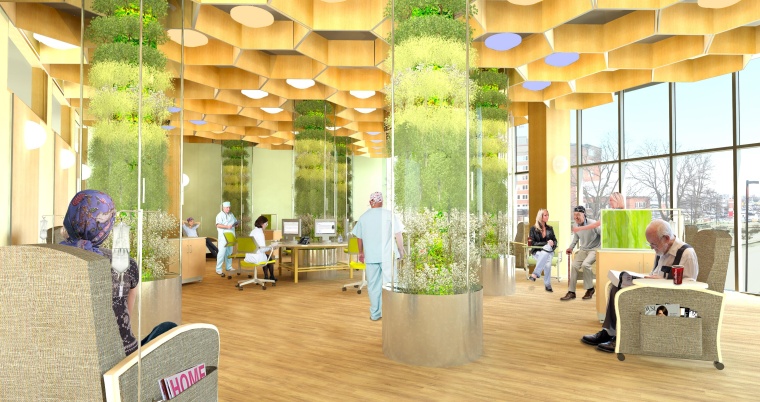 Ein Behandlungsraum mit vertikalen Gärten, Lichtspielen und Kräuterduft, um...