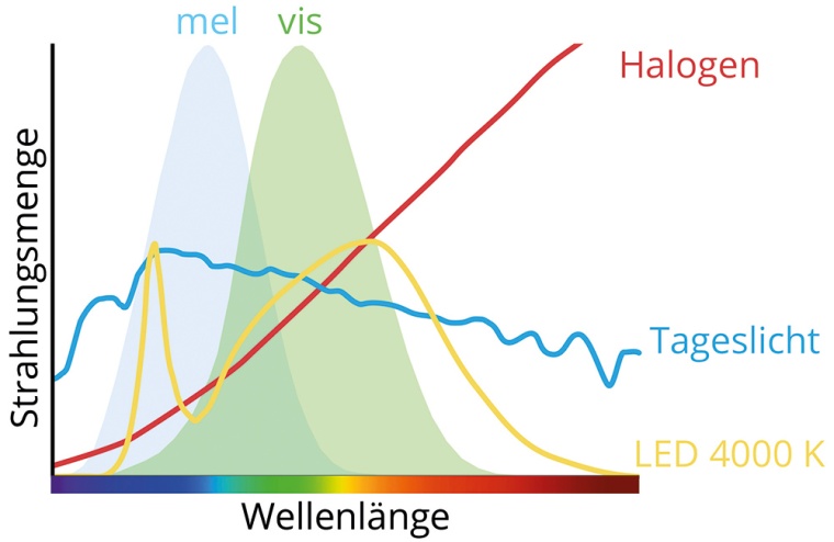 Spektrale Verteilung verschiedener typischer Lichtquellen gleicher Helligkeit....