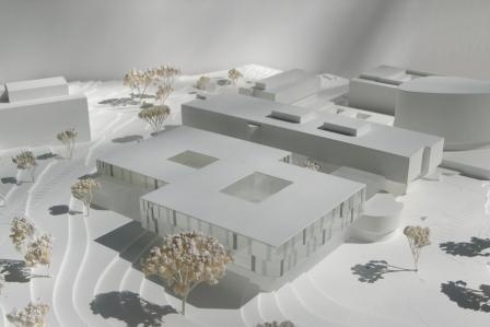 Modell des Neubaus von Augenklinik und Forschungsinstitut (vorne) in direkter...