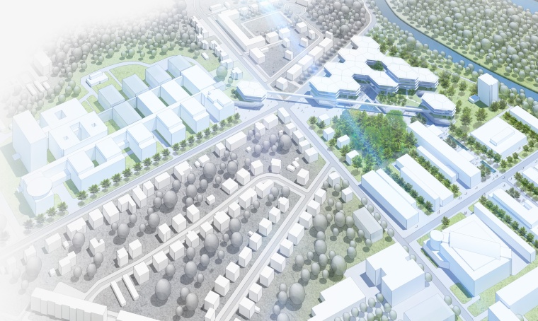 So könnte das neue Theoretikum (Wabenstruktur oben rechts) am Weinberg-Campus...