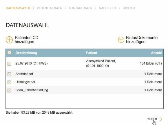 Screenshot des Upload-Portals