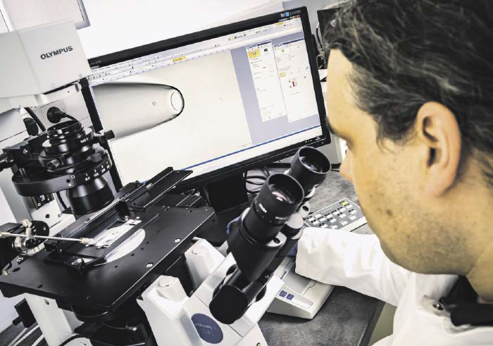 Unter dem Mikroskop isoliert Dr. Polzer eine einzelne Krebszelle. Der Monitor...