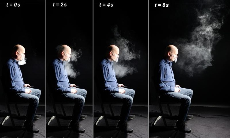 Aerosolausbreitung beim Ausatmen durch die Nase. Die Versuchsperson atmet dabei...