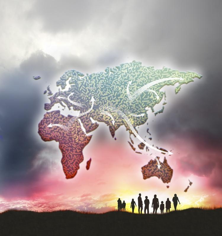 Mikroben breiten sich gemeinsam mit ihren menschlichen Wirten aus. Grafik: MPI...