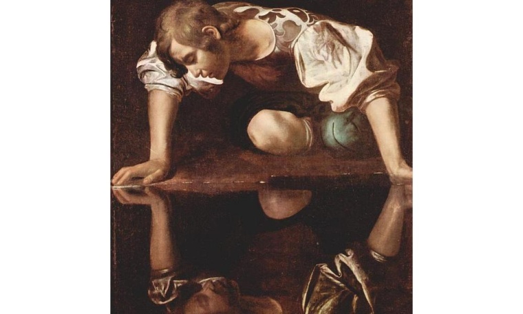 Narziss (Gemälde von Caravaggio, 16. Jh.) verliebte sich in sein Spiegelbild....