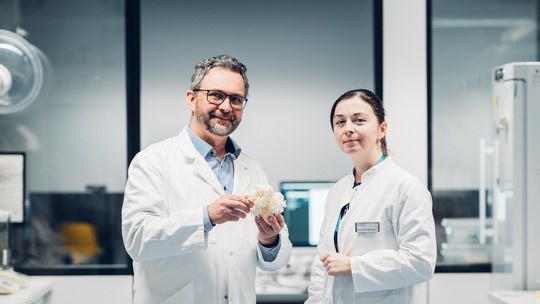 Prof. Michael Schlierf und Dr. Ekaterina Vorobevskaia halten ein 3D-Modell des...