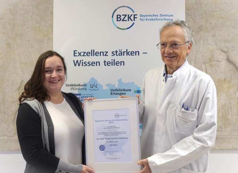 Dr. Julia Krug erhält die Urkunde des BZKF von Prof. Dr. Ralf Bargou. Foto:...